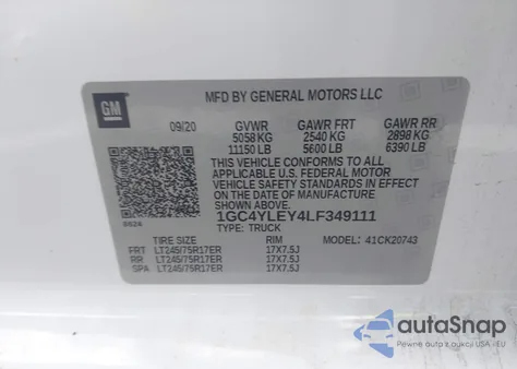 2020 Chevrolet Silverado 2500Hd 4Wd Standard Bed Wt z USA, uszkodzony, nr VIN 1GC4YLEY4LF349111